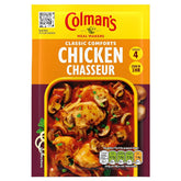 Colman's Chicken Chasseur Meal Maker (40g) helps you create a French-style dish for 4 in 1 hour, with mushrooms and parsley in a rich sauce. Nutritional info is displayed on the front.